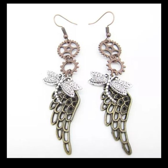 Silver gold and copper wing dragonfly steampunk gears boho earrings new - Picture 1 of 4